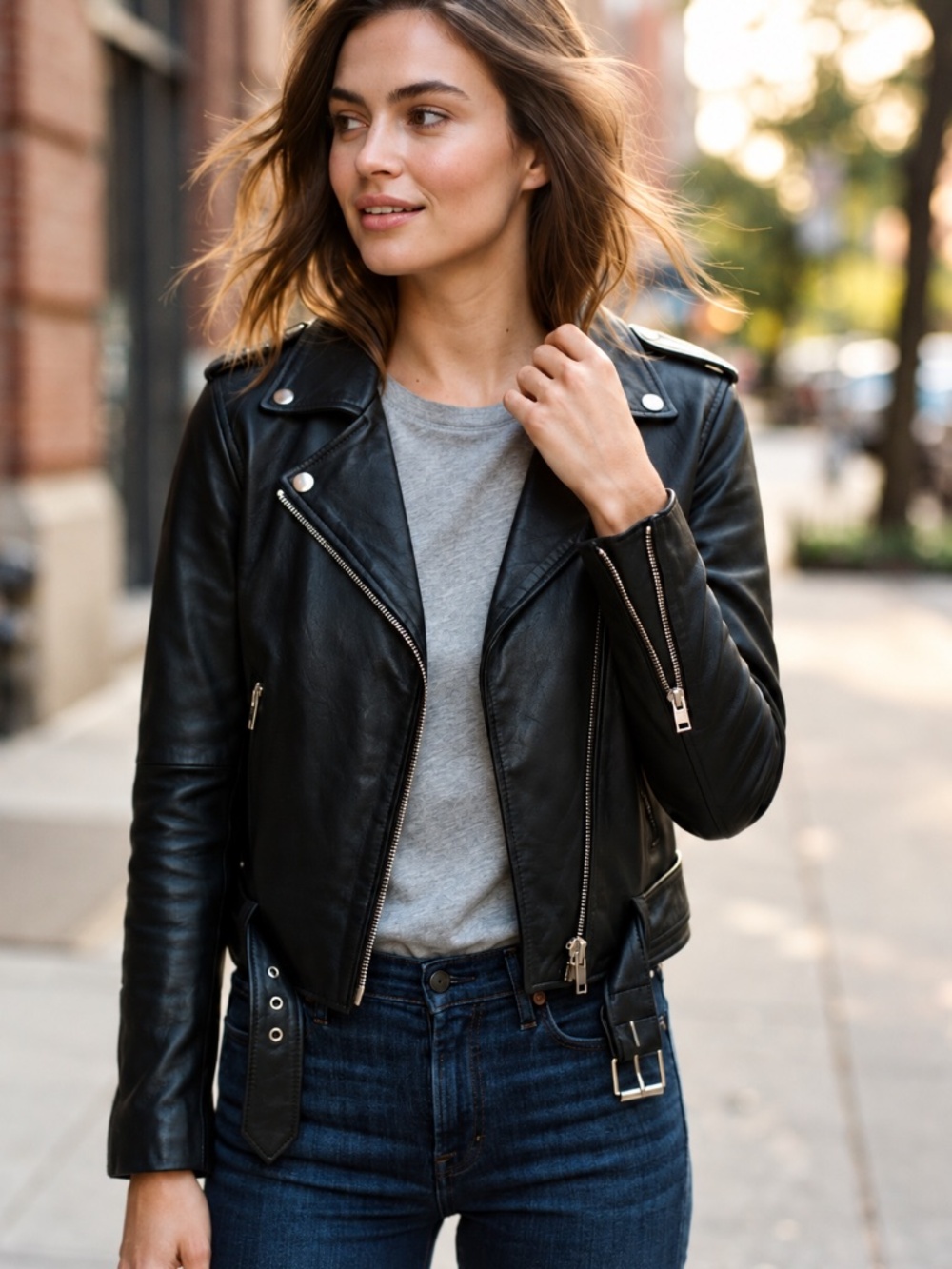 Barneys Originals Black Genuine Leather Moto Biker Jacket Size 10